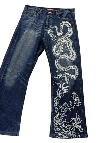 Pre-owned Ed Hardy Binding Now Snake & Dragon Embroidered Tattoo Wear In Blue
