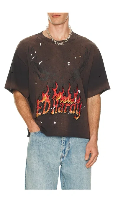 Ed Hardy By Appointment Only Eagle Flame Cropped Boxy Tee In Brown