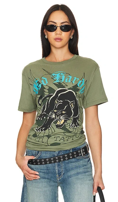 Ed Hardy Crouching Panther T恤 In Olive