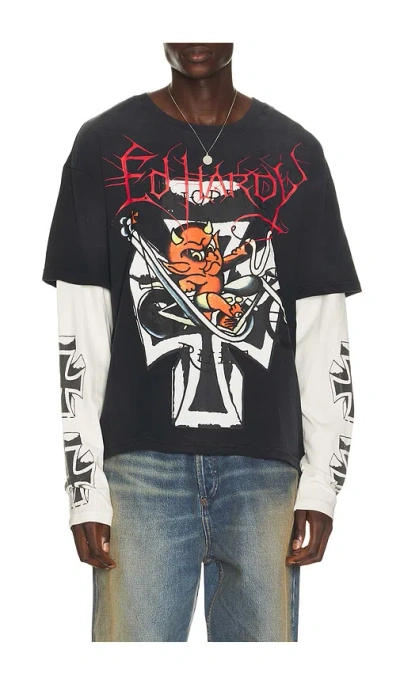 Ed Hardy Devil Bike Boxy Hangdown Tee In Black
