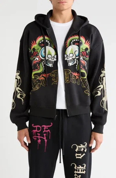 Ed Hardy Dragon Skulls Rhinestone Boxy Zip Hoodie In Black