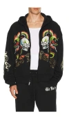 Ed Hardy Dragon Skulls Rhinestone Zip Hoodie In Black