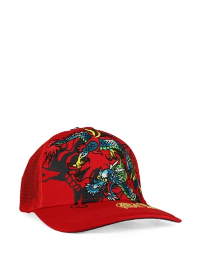 Ed Hardy Embroidered Dragon Trucker Hat In Red