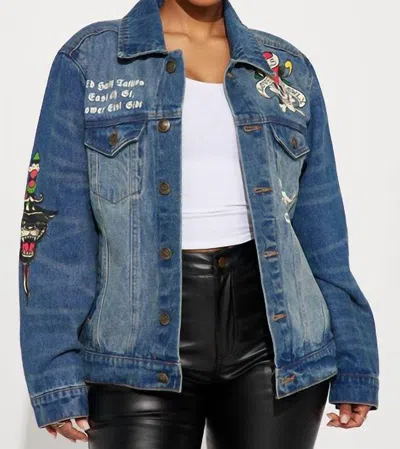 Ed Hardy Flame Skull Denim Jacket In Medium Tint