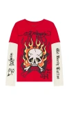Ed Hardy Men's Flame Skull Hang Down Thermal Tee In Cherry In Cherry