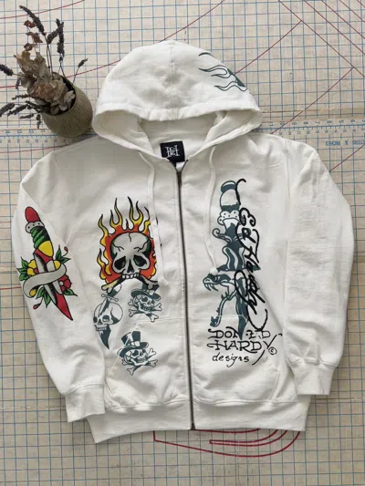 Pre-owned Ed Hardy Flame Skull Hoodie Full Zip Nwot Mens Size Small In White
