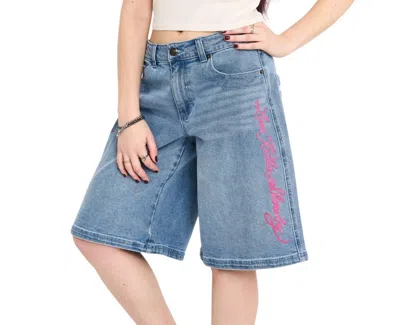 Ed Hardy Flower Diamond Low Rise Baggy Jorts In Light Wash In Blue