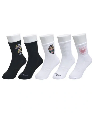 Ed Hardy Flowery Cross Print Half Cushion Mid Crew Sock 5 Pack In Multi