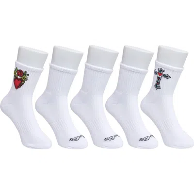 Ed Hardy Heart Print Half Cushion Mid Crew Sock 5-pack In White