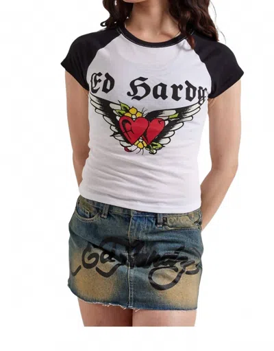 Ed Hardy Heart Wings Raglan Cap Sleeve Tee In Black/white