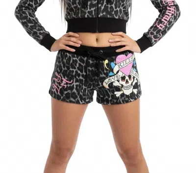 Ed Hardy Love Kills Slowly Pink Skull Zip Front Hoodie In Black Leopard In Multi