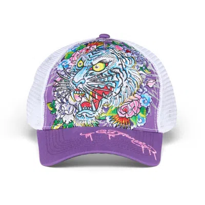 Ed Hardy Men's Embroidered Floral Tiger Hat In Purple/white In Multi