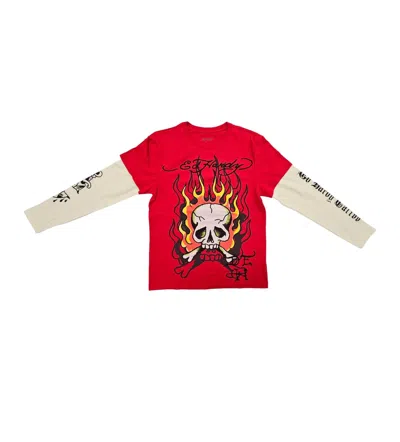 Ed Hardy Men's Flame Skull Hang Down Thermal Tee In Cherry In Cherry Red
