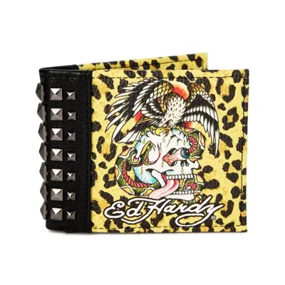 Ed Hardy Men's Leopard Print Skull With Studs Bifold Wallet In Yellow/black In Multi