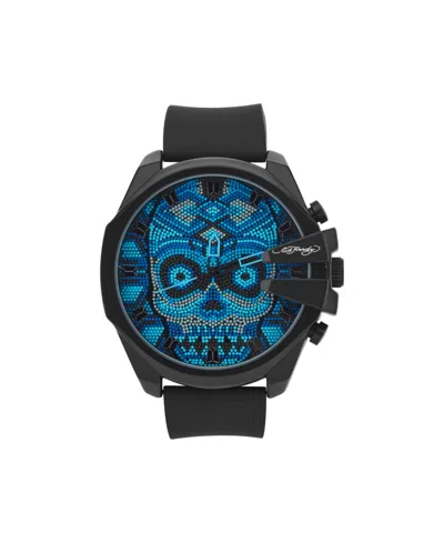 Ed Hardy Men's Matte Black Silicone Strap Analog Watch 53mm In Black,blue