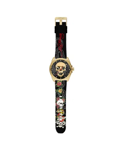 Ed Hardy Men's Matte Black Silicone Strap Watch 46mm In Gold-tone,multicolor Print