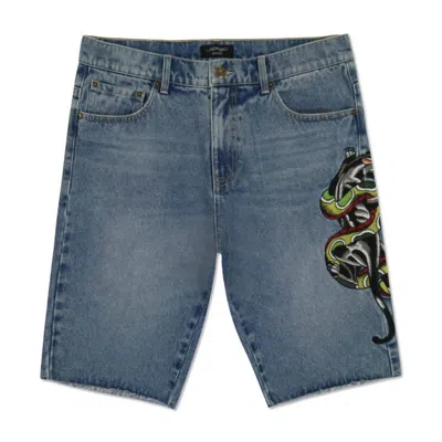 Ed Hardy Men's Panther Snake Denim Skater Short In Medium Vintage In Blue