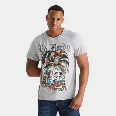 Ed Hardy Men's Rhinestone Battle Skull T-shirt In Heather Grey