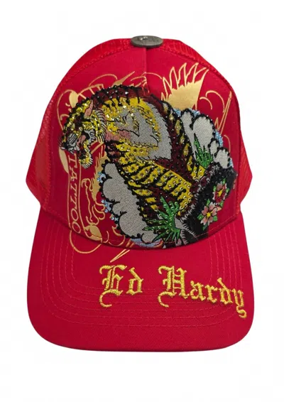 Ed Hardy Men's Tiger Mountain Trucker Rhinestone Hat In Red
