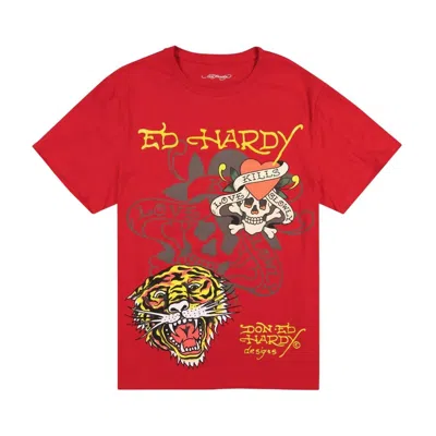 Ed Hardy Men's Tiger Skull Multi Tattoo Tee In Red
