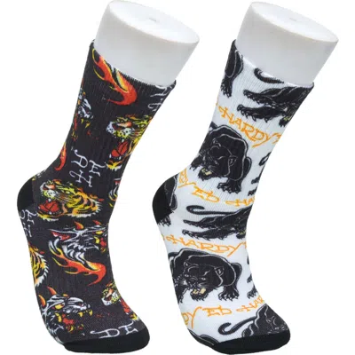 Ed Hardy Mens 360 Tiger Print Full Cushion Crew Sock 2-pack In Gray