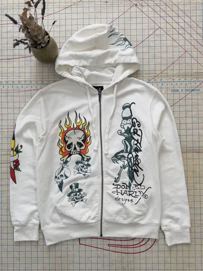 Pre-owned Ed Hardy Nwot  Flame Skull Hoodie Full Zip Mens Size Medium In White