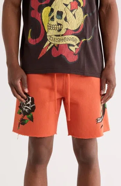 Ed Hardy Panther Drawstring Shorts In Orange