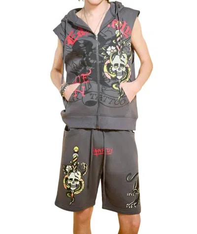 Ed Hardy Panther Skull Fleece Zip Up Cut Off Hoodie In Charcoal In Transparent