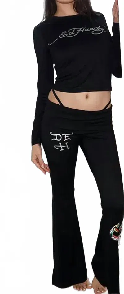 Ed Hardy Panther Snake Long Sleeve And Fold Over Yoga Pants In Black