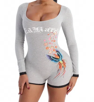 Ed Hardy Phoenix Long Sleeve Short Lace Romper In Heather Grey In Gray