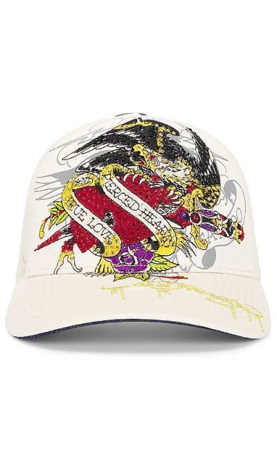 Ed Hardy Pierced Eagle Rhinestone Trucker Hat In 象牙白