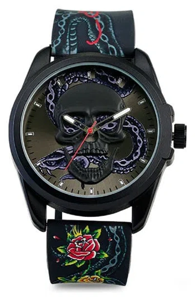 Ed Hardy Quartz Silicone Strap Watch, 46mm In Black