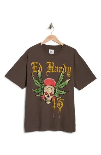 Ed Hardy Rhinestone 13 Skull Boxy Graphic T-shirt In Brown
