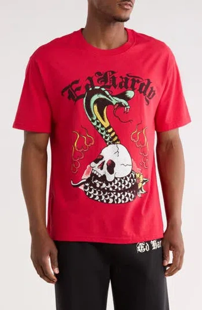 Ed Hardy Rhinestone Cobra Skull Graphic T-shirt In Red
