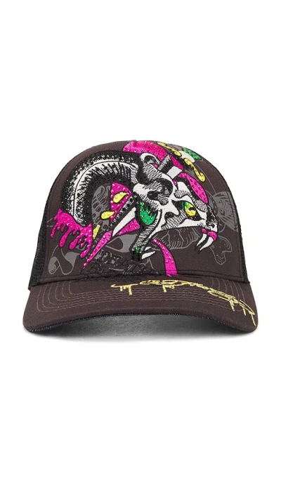 Ed Hardy Rhinestone Dagger Snake Hat In Charcoal Pink