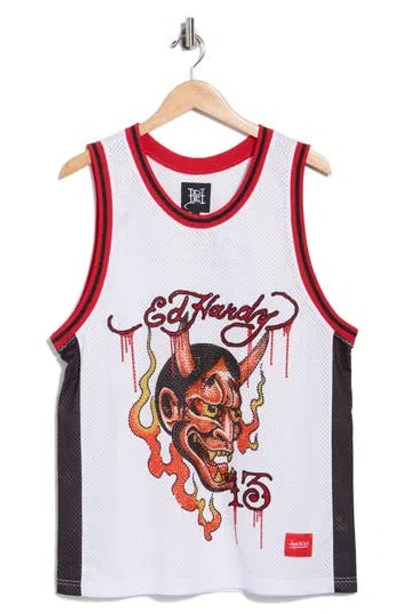 Ed Hardy Rhinestone Devil Head Mesh Jersey In Multi