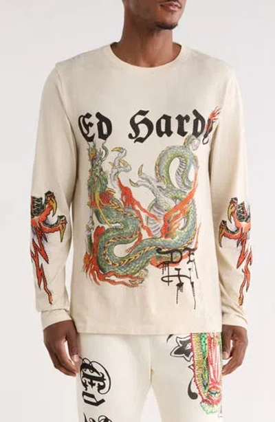 Ed Hardy Rhinestone Dragon Long Sleeve Graphic T-shirt In Neutral