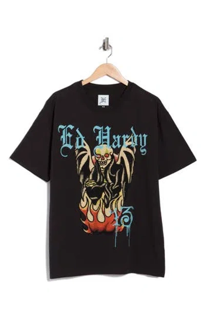 Ed Hardy Rhinestone Firelord Skull Graphic T-shirt In Black
