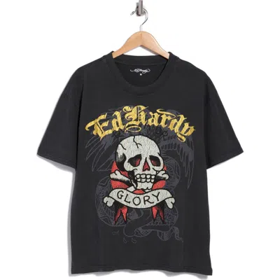 Ed Hardy Rhinestone Glory Skull Boxy Graphic T-shirt In Black