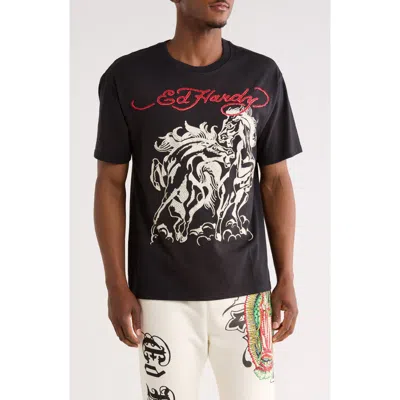Ed Hardy Rhinestone Horses Boxy Graphic T-shirt In Black