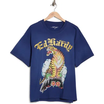 Ed Hardy Rhinestone Tiger Mountain Boxy Graphic T-shirt In Blue