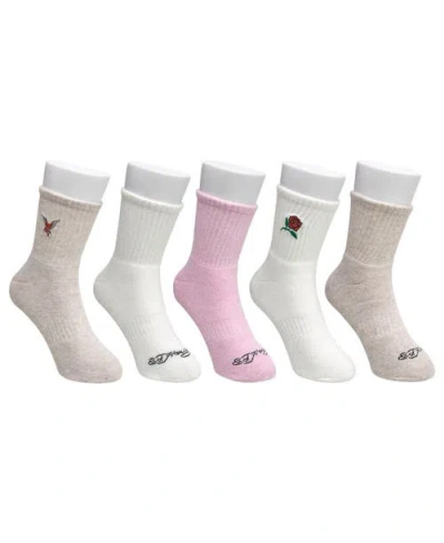 Ed Hardy Rose And Bird Embroidery Full Cushion Mid Crew Sock 5 Pack In Pink