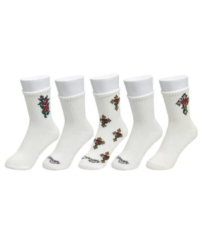 Ed Hardy Rose Cross Print Half Cushion Mid Crew Sock 5 Pack In White