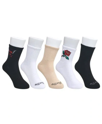 Ed Hardy Rose Print Half Cushion Mid Crew Sock 5-pack In Animal Print