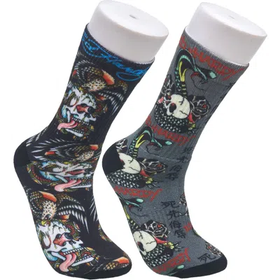 Ed Hardy Skull 360 Print Full Cushion Crew Sock 2-pack In Black