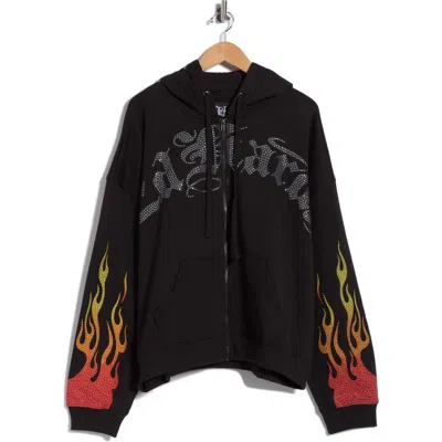 Ed Hardy Skull Flames Rhinestone Boxy Zip Hoodie In Black