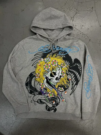 Pre-owned Ed Hardy Skull Graphic Hooded Sweatshirt In Gray