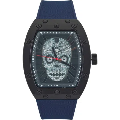 Ed Hardy Skull Quartz Silicone Strap Watch, 53mm In Blue