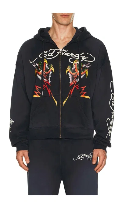 Ed Hardy Tiger Flame Boxy Zip Hoodie In Black