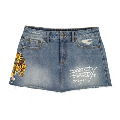 Ed Hardy Tiger Flowers Denim Skirt In Medium Wash In Blue